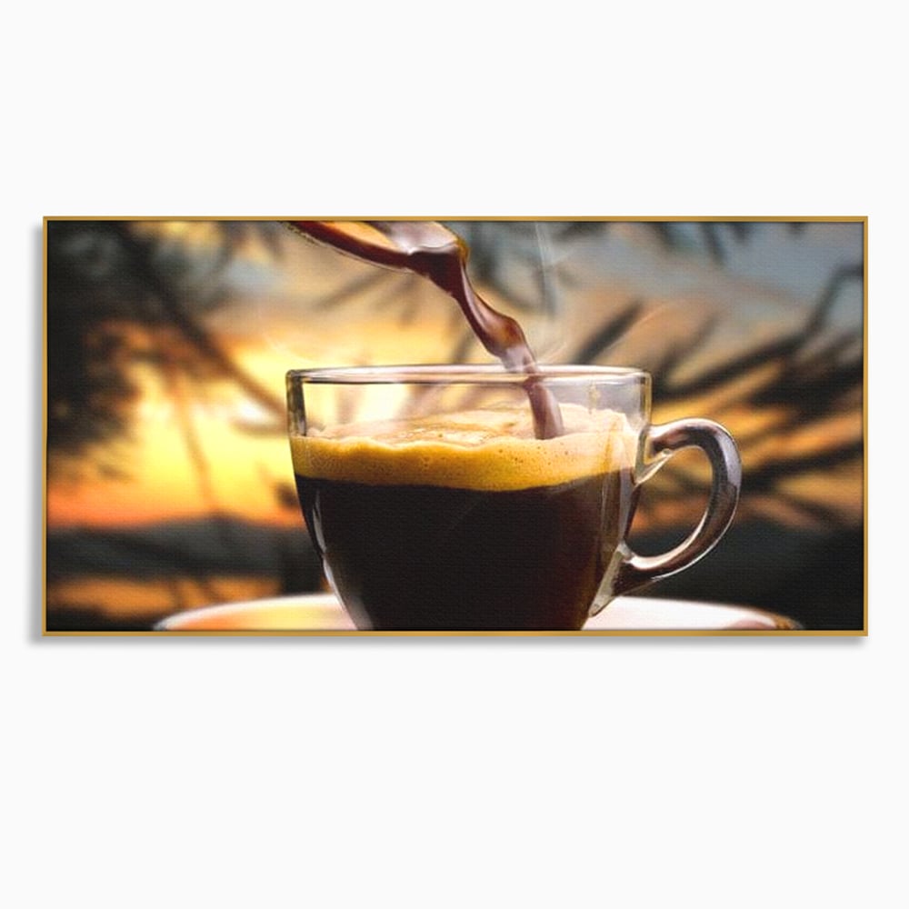 Tablou canvas cu tablou canvas cu ceasca de espresso, in rama de aluminiu auriu
